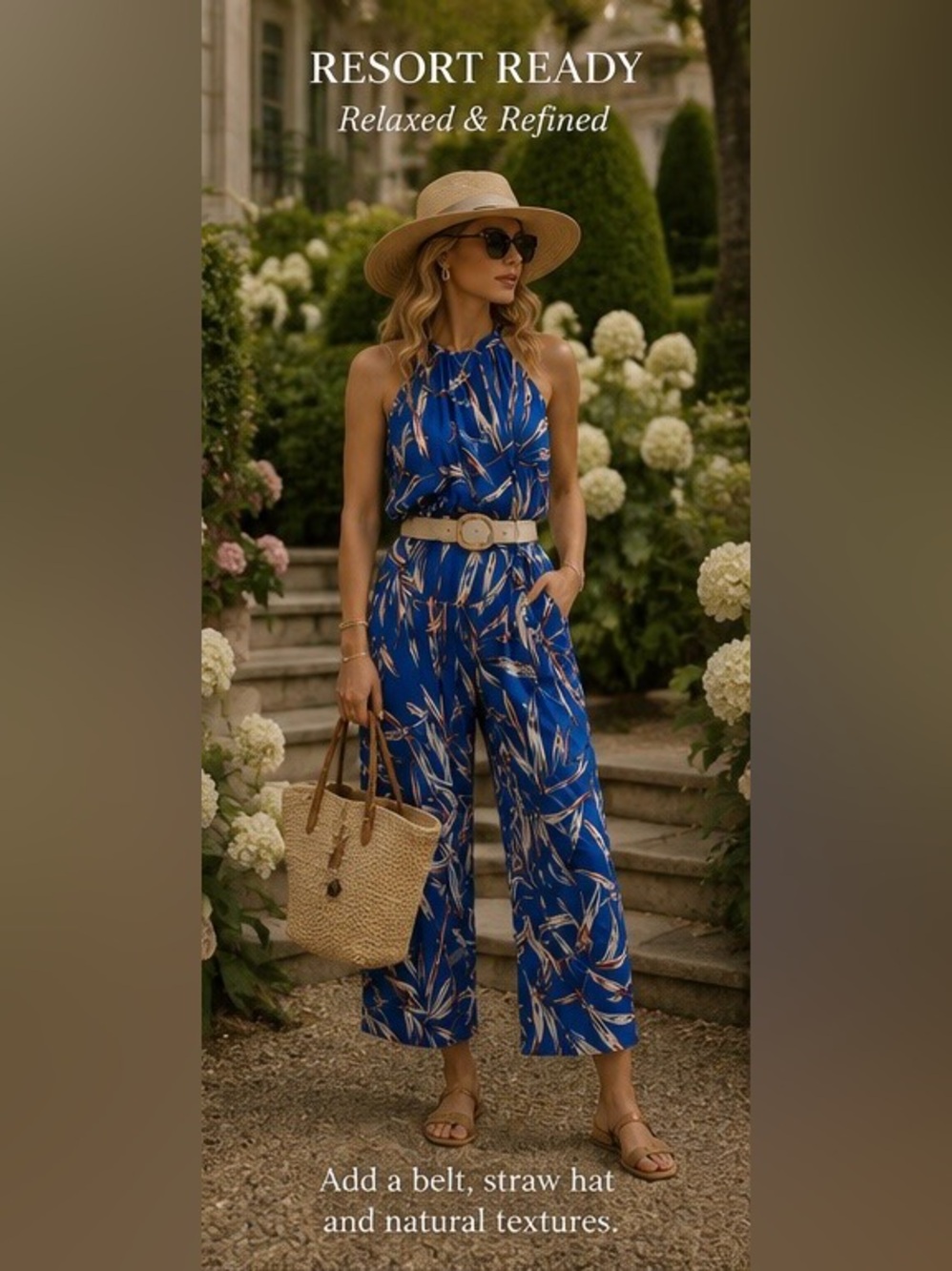 🔥Blogger Favorite Blue Tropical Print Cropped Jumpsuit ✨ Greece Vacation Luxe - Picture 5 of 13